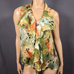 Vintage Silk Blend Ruffled Sleeveless Blouse Lace Trim Size L Abstract Floral